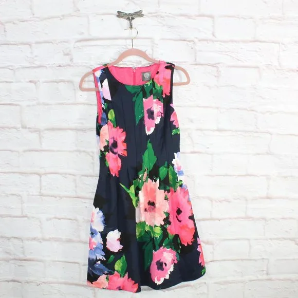Vince Camuto Blue Polyester Floral Zip Sleeveless Fit and Flare Dress Size 6 - Picture 1 of 7